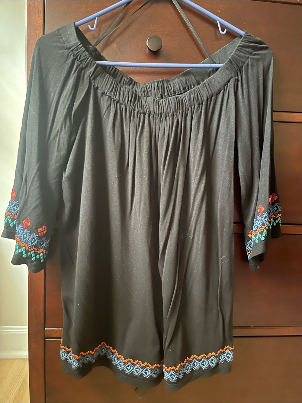 LOFT Black Off-Shoulder Blouse with Multicolor Embroidery